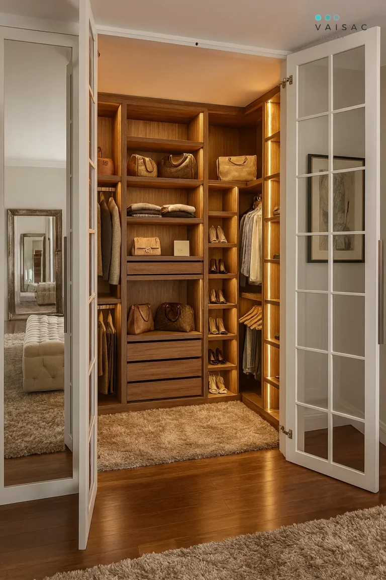 Vestidor abierto en roble con puertas blancas de cristal