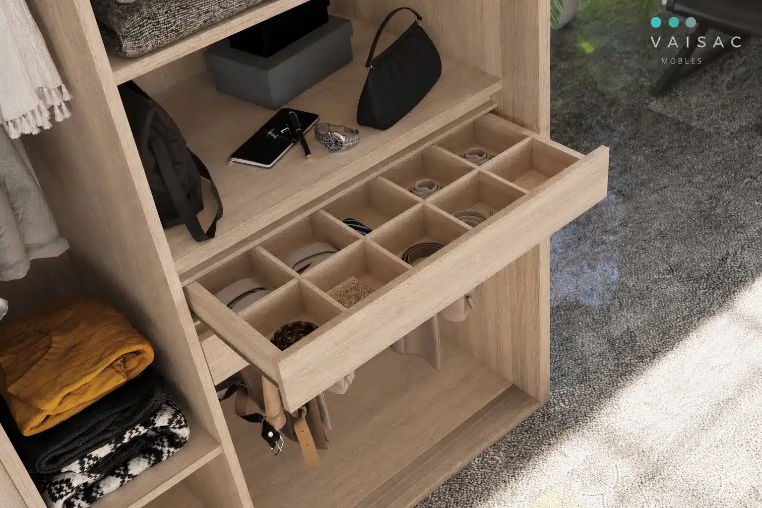 Detalle de cajón organizador a medida para vestidor en roble claro con divisores para complementos — Vaisac Mobles Barcelona