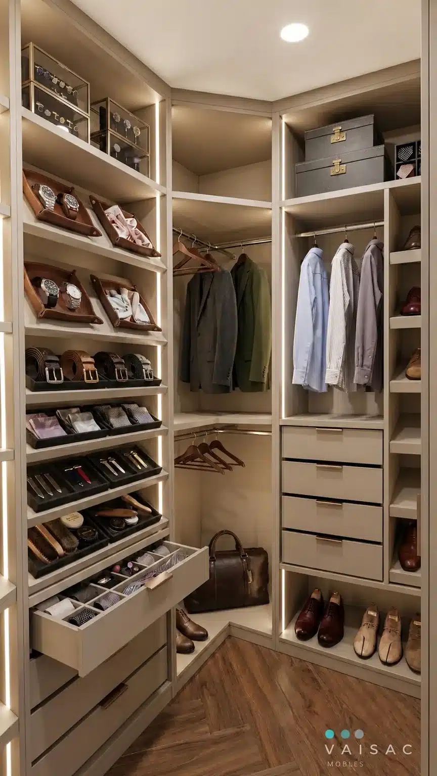 Vestidor a medida en beige con cajonera extraíble y organización interior — Vaisac Mobles Barcelona