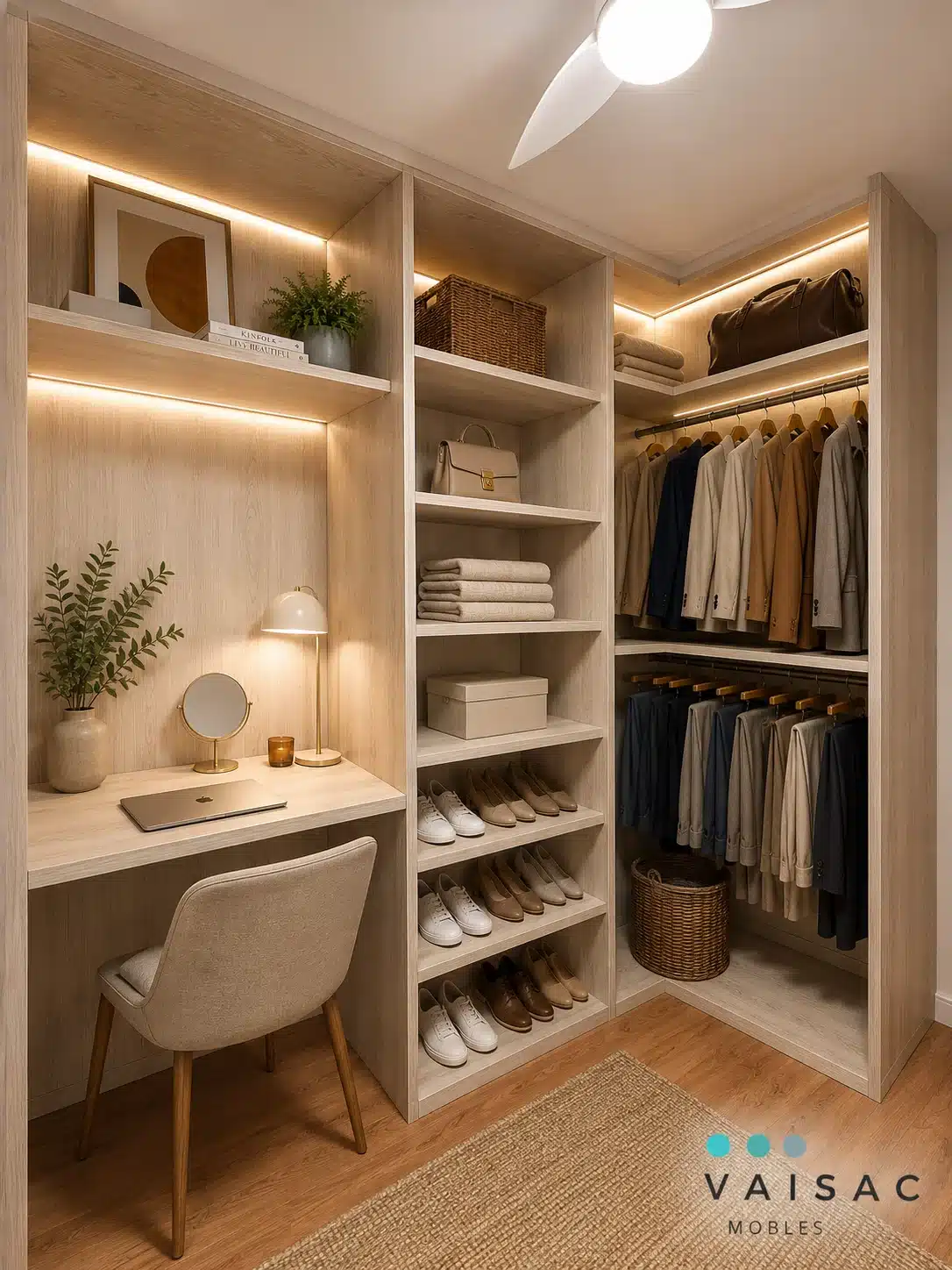 Vestidor a medida en distribución en L con escritorio integrado, tocador, zapatero y módulos de colgar en madera clara con iluminación LED — Vaisac Mobles Barcelona
