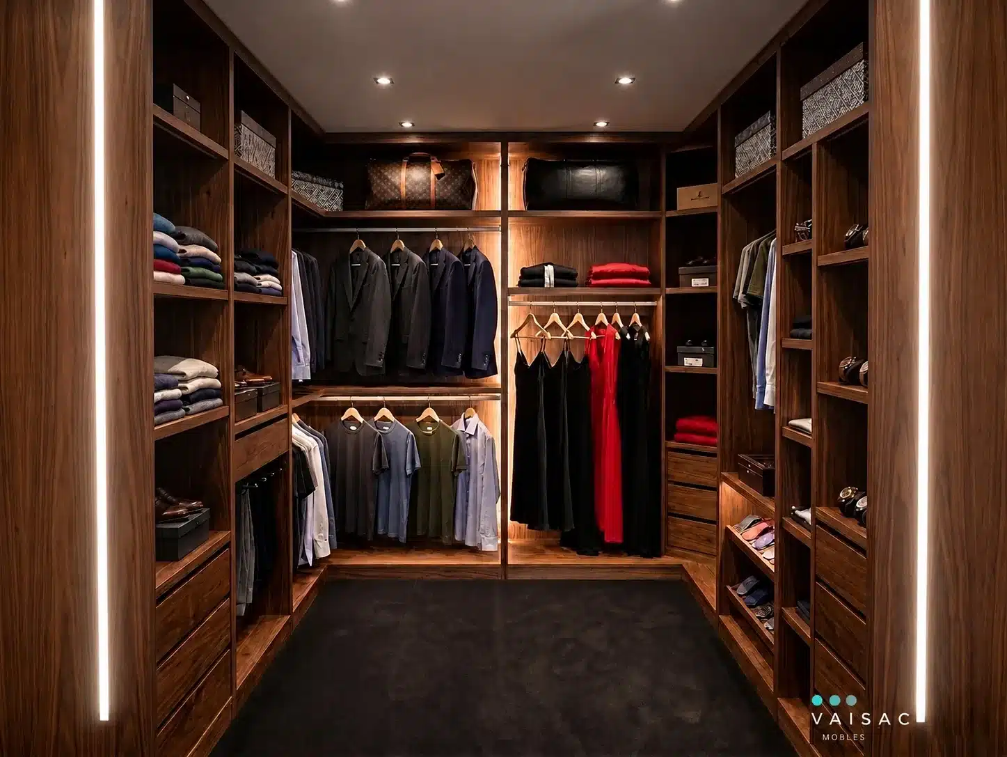 Vestidor a medida en nogal oscuro con iluminación integrada — acabado premium para chalet de Matadepera, Vaisac Mobles