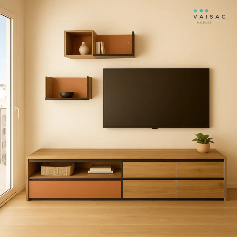 Mueble de TV a medida en roble con detalles en terracota y estantes de pared